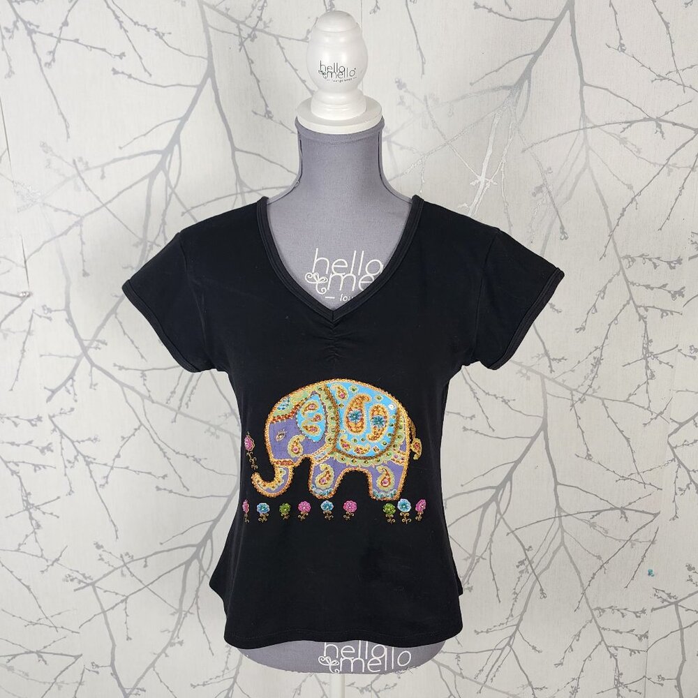 Colorful Beaded Elephant Print 100% Cotton V-Neck Tee